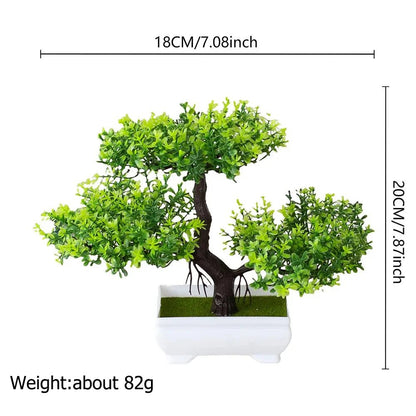 Bonsái artificial en maceta de tamaño pequeño, planta decorativa para hogar y jardín, con follaje verde y tronco realista.