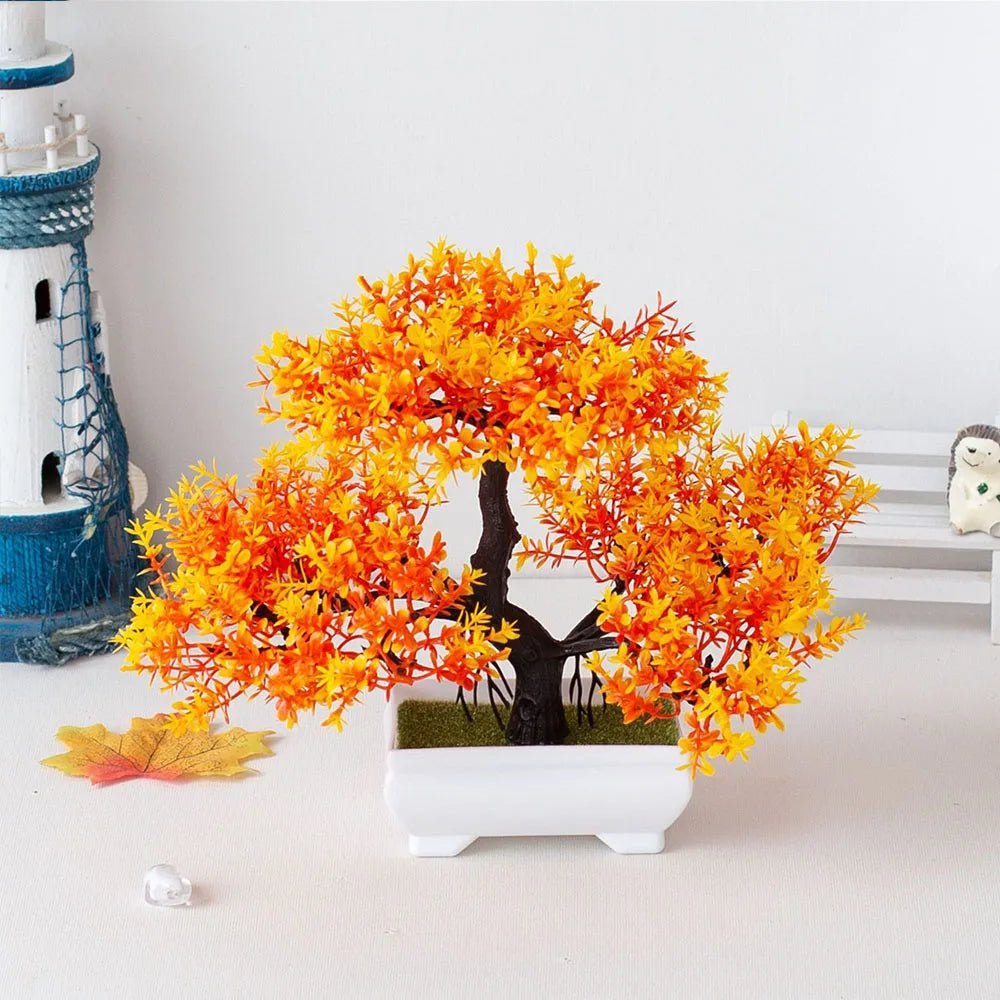 Bonsái artificial en maceta, planta decorativa pequeña para hogar, con ramas verdes y maceta de decoración zen.