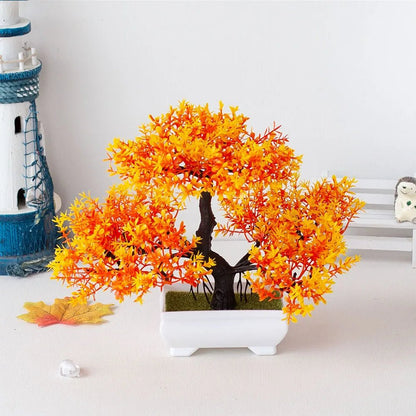 Bonsái artificial en maceta, planta decorativa pequeña para hogar, con ramas verdes y maceta de decoración zen.