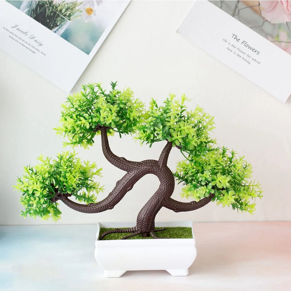 Bonsái artificial en maceta de Nexorretail, pequeño árbol decorativo para hogar y jardín, con follaje verde y base de tierra.