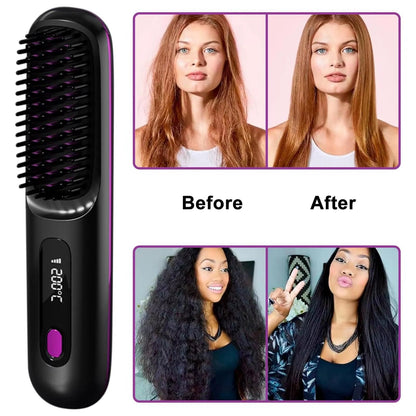 Peine alisador de cabello inalámbrico Nexorretail con revestimiento cerámico, tecnología iónica y pantalla LED en color púrpura.