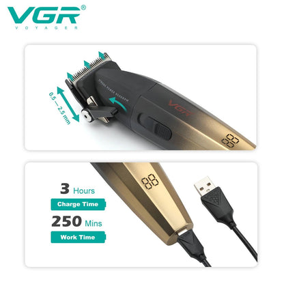 Máquina cortadora de pelo profesional VGR eléctrica para barbería, en color verde, con detalles metálicos y accesorios incluidos.