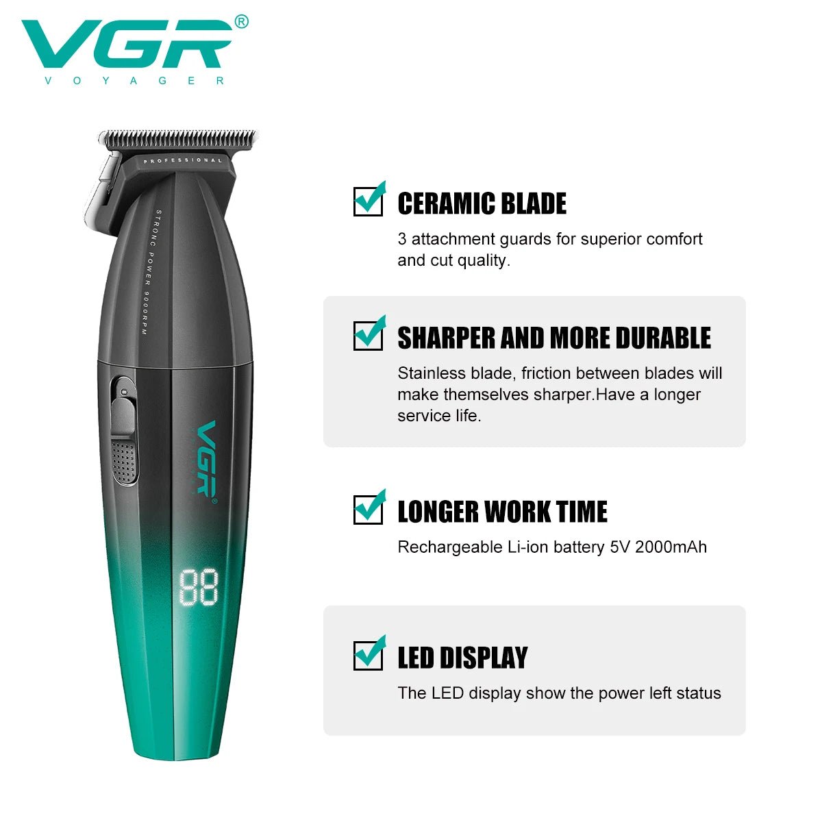 Máquina cortadora de pelo profesional VGR de Nexorretail en color verde, con cuchillas metálicas para barbería y recorte de cabello masculino.