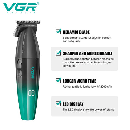 Máquina cortadora de pelo profesional VGR de Nexorretail en color verde, con cuchillas metálicas para barbería y recorte de cabello masculino.