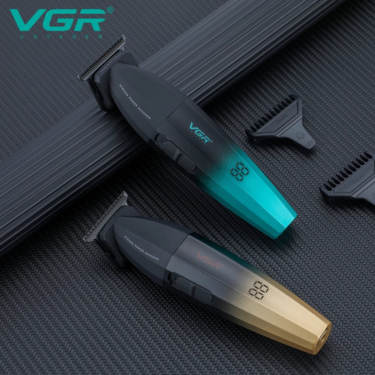 Máquina cortadora de pelo profesional VGR eléctrica para barbería, color verde, con cuchillas metálicas y mango ergonómico.