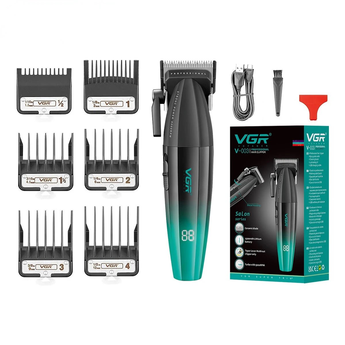 Máquina cortadora de cabello profesional Nexorretail VGR eléctrica para barbería, con diseño metálico verde y cabezal de precisión.