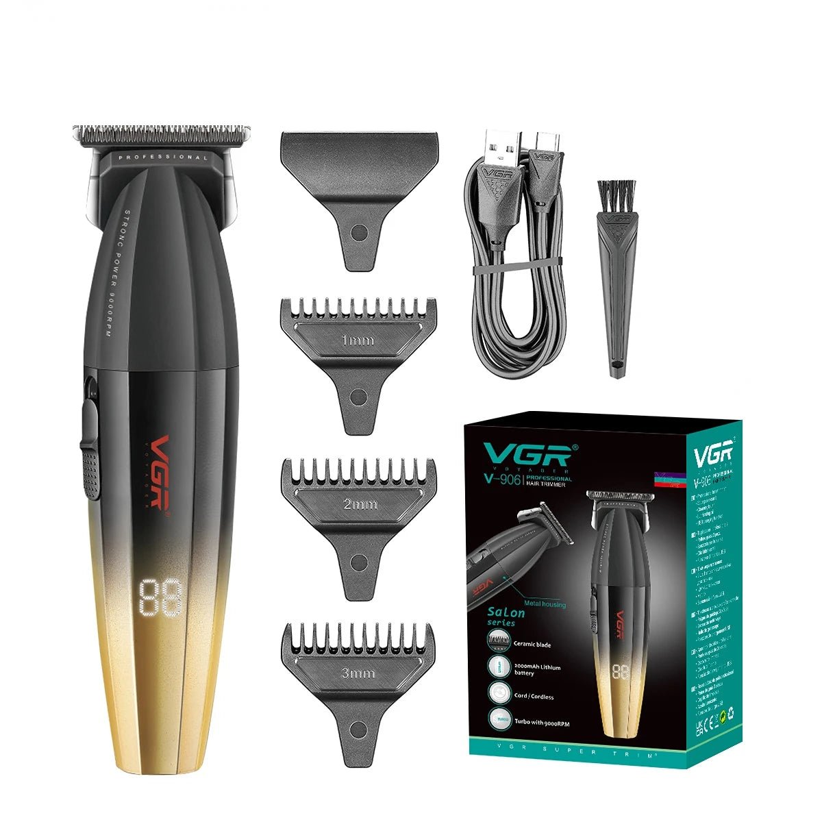 Máquina cortadora de pelo profesional VGR Nexorretail eléctrica para barbería, con cuerpo metálico y diseño en color verde.