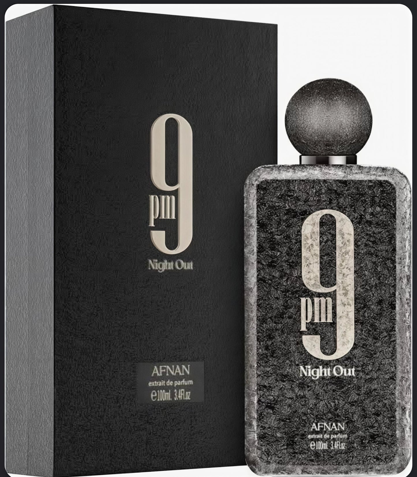 Frasco de perfume Afnan 9 PM Night Out unisex de 100ml, extracto de perfume de lujo con diseño elegante.