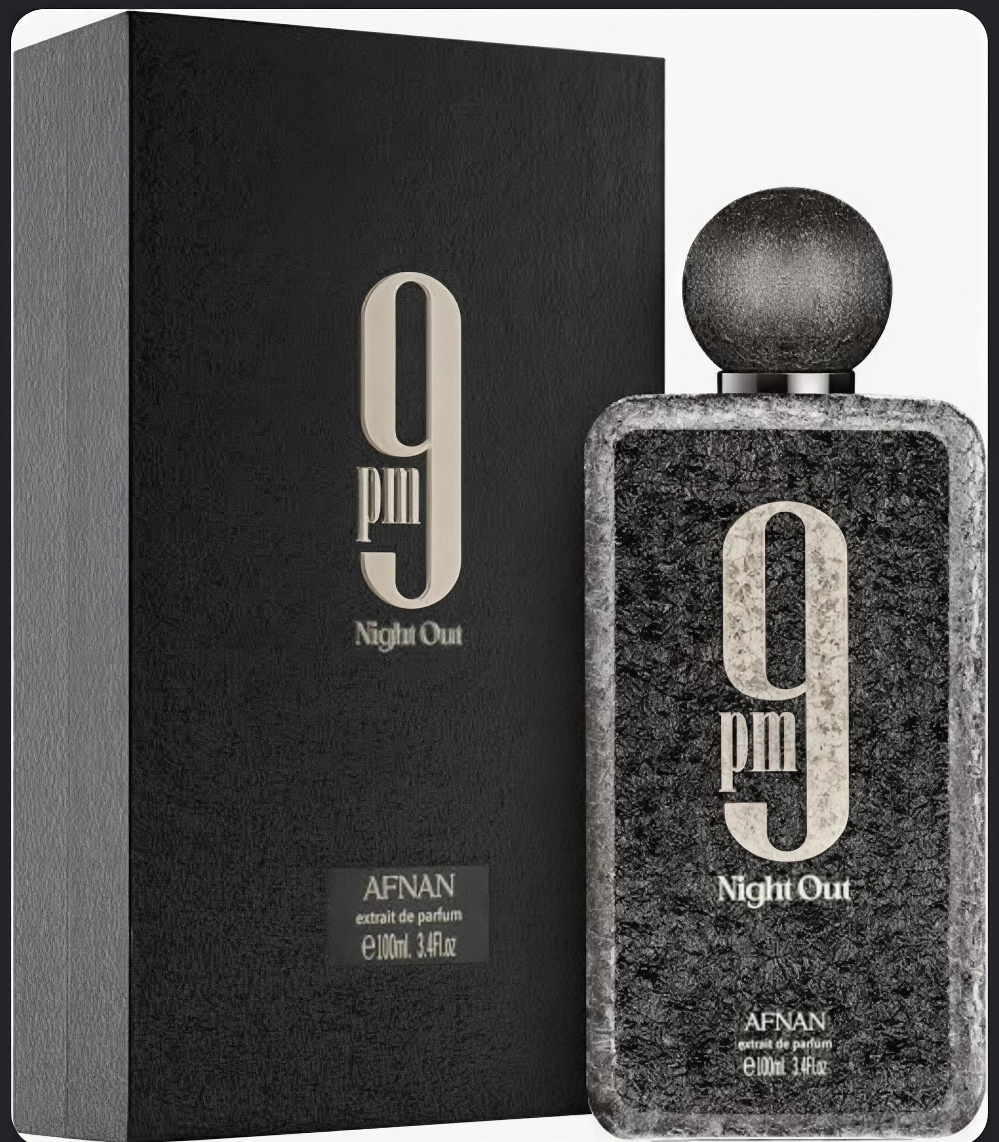 Frasco de perfume Afnan 9 PM Night Out unisex de 100ml, extracto de perfume de lujo con diseño elegante.
