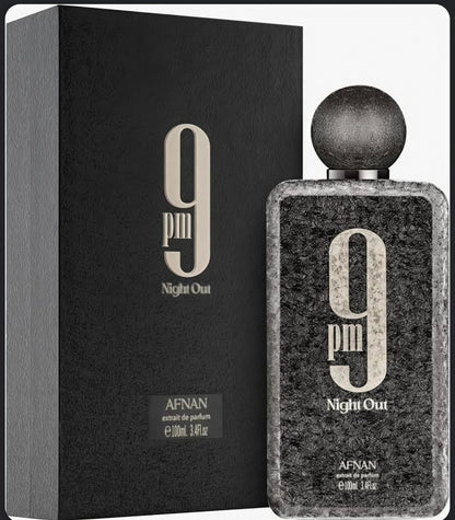 Frasco de perfume Afnan 9 PM Night Out unisex de 100ml, extracto de perfume de lujo con diseño elegante.